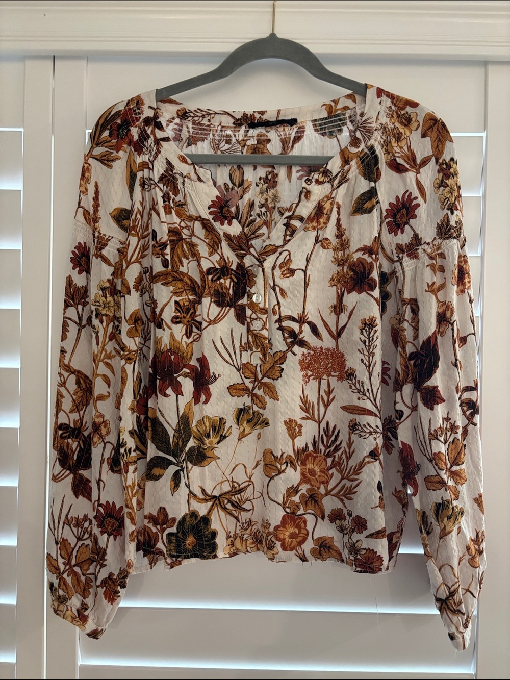 Jane and Delancey Cream Floral Henley Blouse with Rust and Mustard